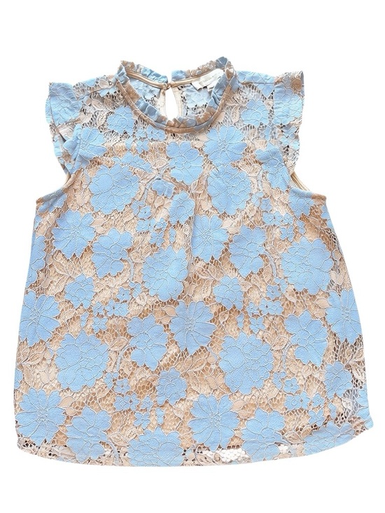 Monteau Los Angeles Tops - Monteau Coquette Light Blue Cream Floral Lace Flutter Sleeve Top Romantic Boho S